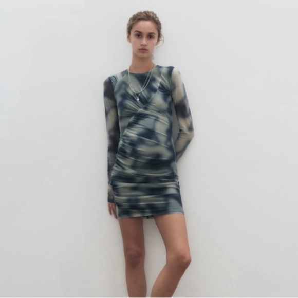 Zara Printed Tulle Long Sleeve Bodycon Dress Size L - Picture 4 of 10